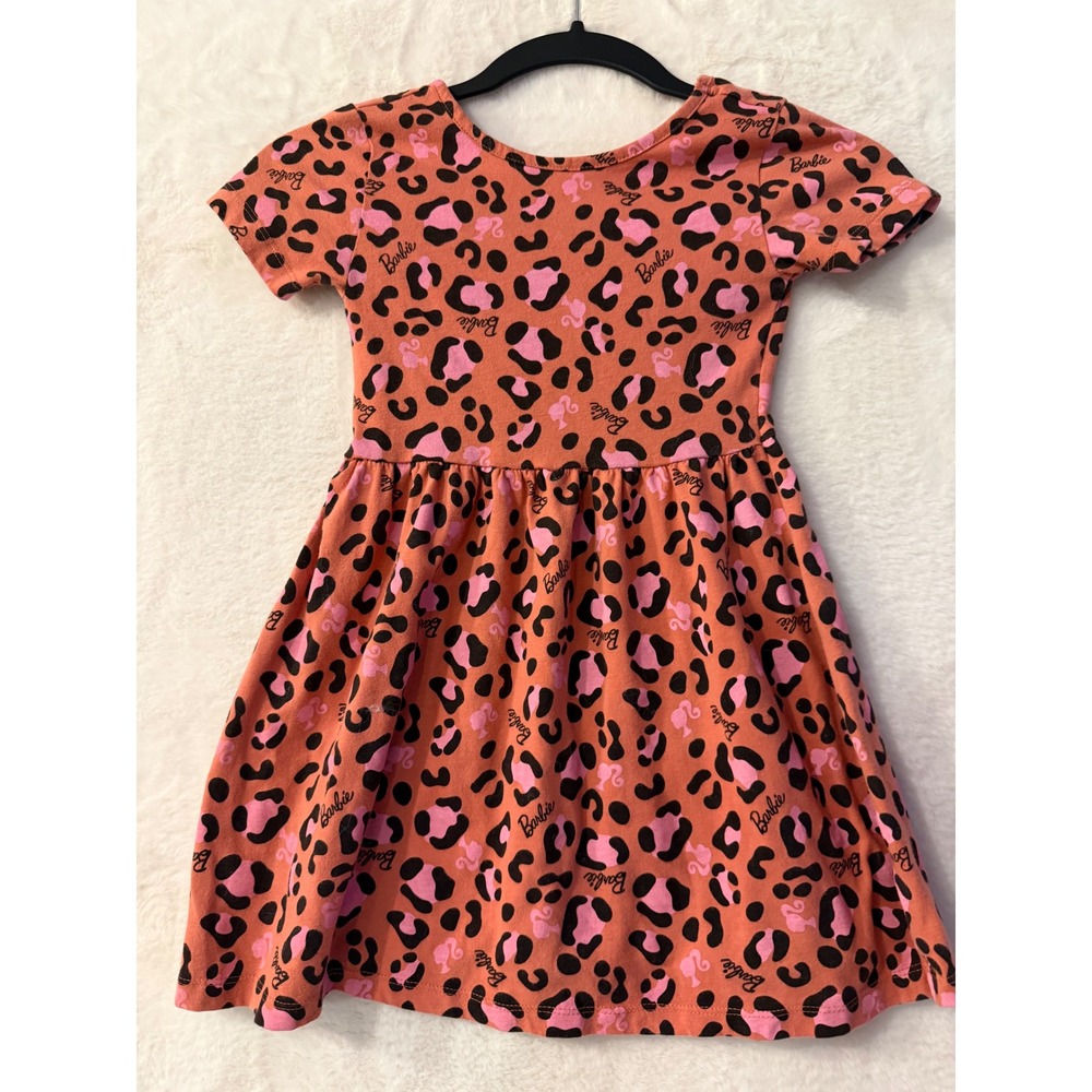 Barbie Girls Leopard Print Skater Dress Size S 6/6X Short Sleeve Pink Orange